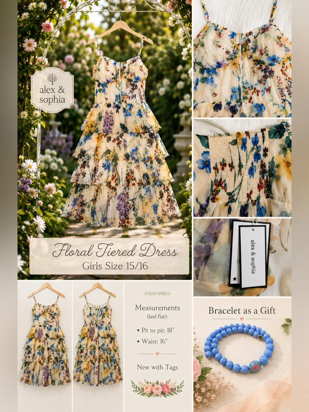 Alex & Sophia Girls' Cream Floral Tiered Dress - Blue & Yellow Blooms 15/16